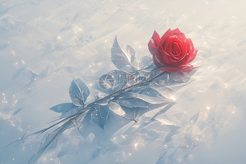 冰面上的红玫瑰图片