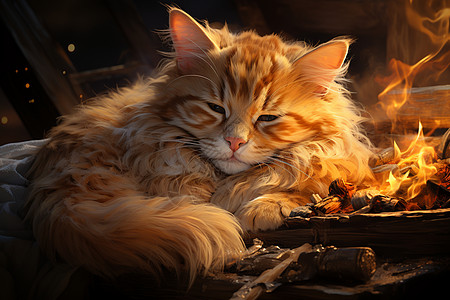 炉火旁的瞌睡猫图片