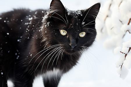 冬日雪地里的黑猫高清图片