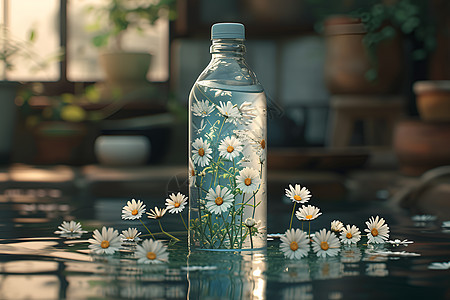 瓶子和周围的雏菊图片