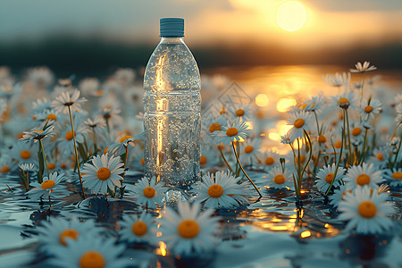 水中漂浮的花与水瓶图片