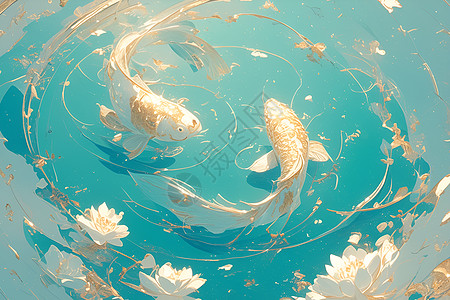 水面漂浮的花朵和锦鲤图片