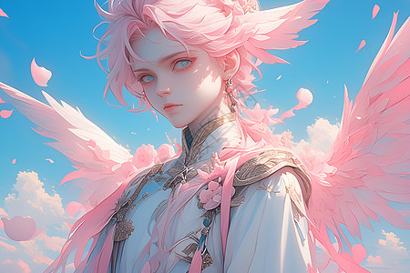 粉色天使翅膀的动漫人物背景图片