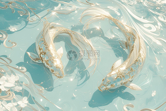 波光粼粼的水中的金鱼图片
