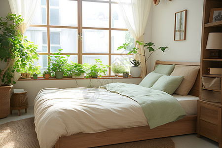 清晨床头绿色极简风一张床植物与窗景的卧室照图片
