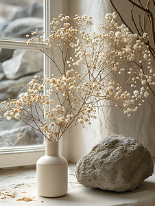窗台上的花瓶与岩石图片