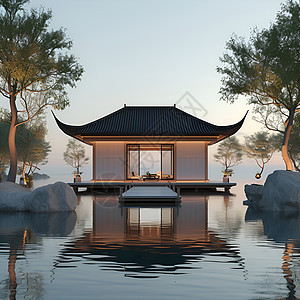 碧水环绕的中国亭台图片