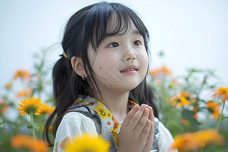 田园中祈祷的小女孩高清图片