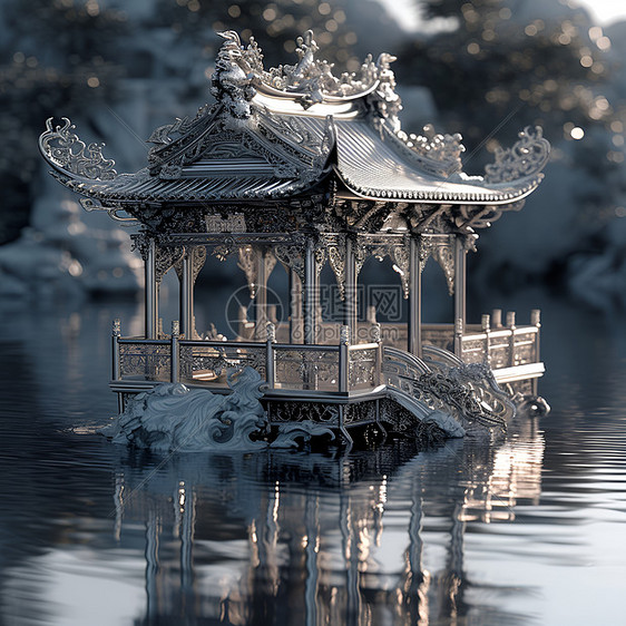 水中倒映的中国亭台图片