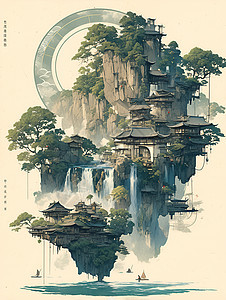 插画的美丽山水背景图片