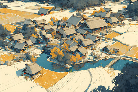 河流中的建筑村落背景图片