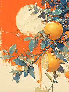 夕阳枝干上的橙子背景图片