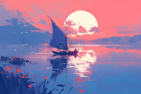 夕阳时湖泊上行驶的帆船图片