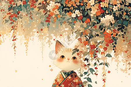 猫咪穿站在开满花朵的树下背景图片