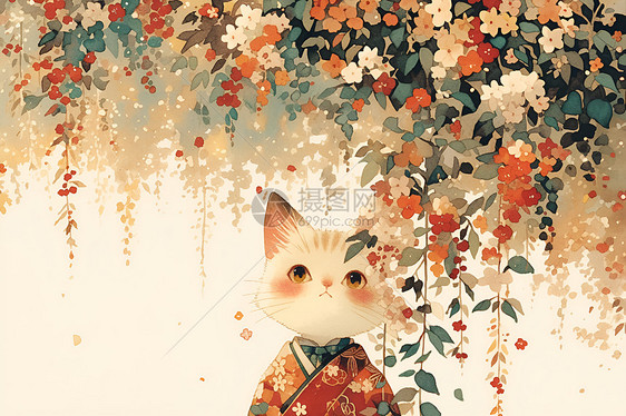 猫咪穿站在开满花朵的树下图片