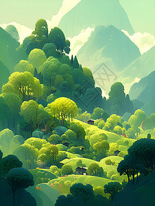 山脉间的绿色森林图片