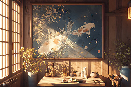 日式房间里的锦鲤挂图图片
