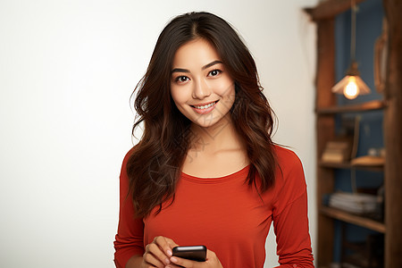 微笑女子手持手机背景图片