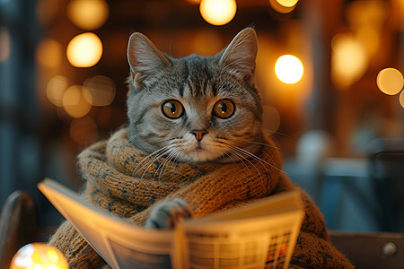 读报纸的猫咪图片