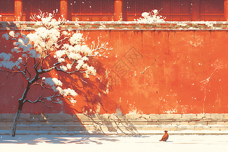红墙白雪鸟语花香背景图片