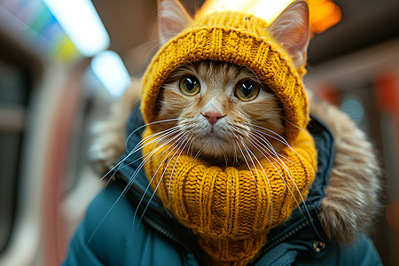 动物拟人戴帽子和高领的猫咪背景