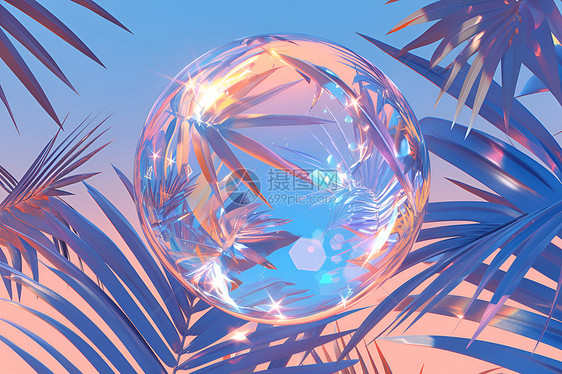 水晶球在棕榈树枝上图片