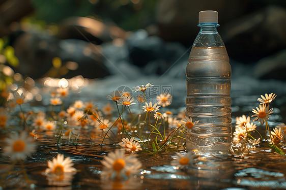 水面上的花朵和水瓶图片