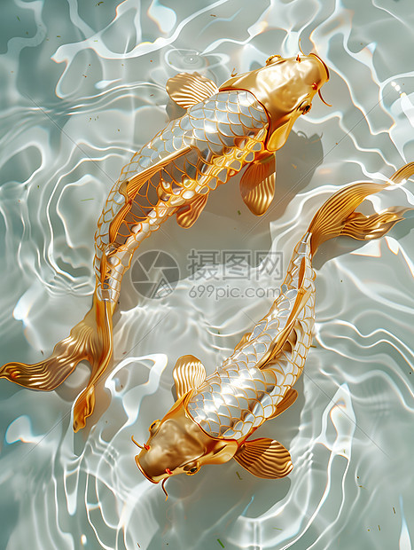 水中浮动的两只金鲤鱼图片