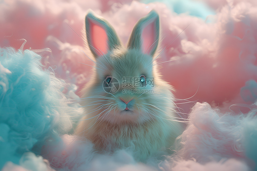 绒花兔在蓝天白云中蹦跳图片