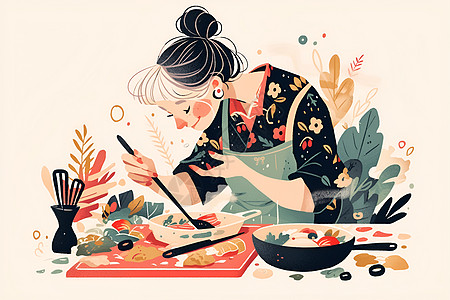 女人美食享受做饭的女性插画