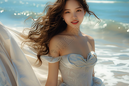 海滩上一位身穿白裙子的女子图片