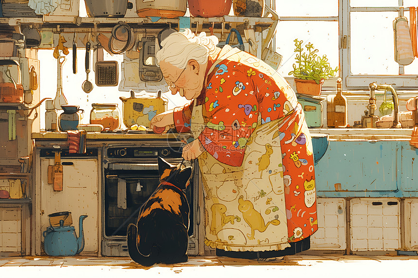 老奶奶和猫咪在厨房做饭图片