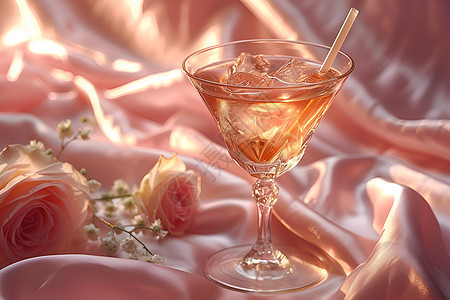 粉色丝绸上的鸡尾酒图片