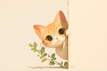 红烧头墙角探出头来的可爱猫咪插画