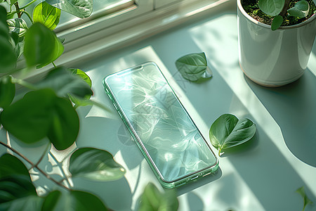 质感玻璃手机和植物图片