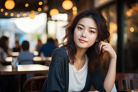 在思考亚洲年轻女子在咖啡馆背景