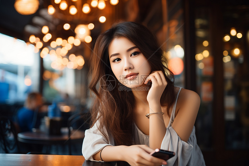 坐在咖啡馆里的女孩图片