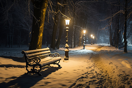 冬夜雪中的长椅图片