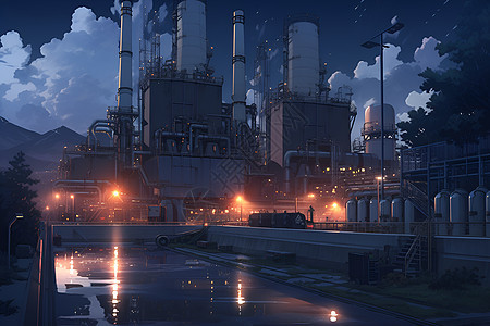 夜幕下的电厂建筑背景图片