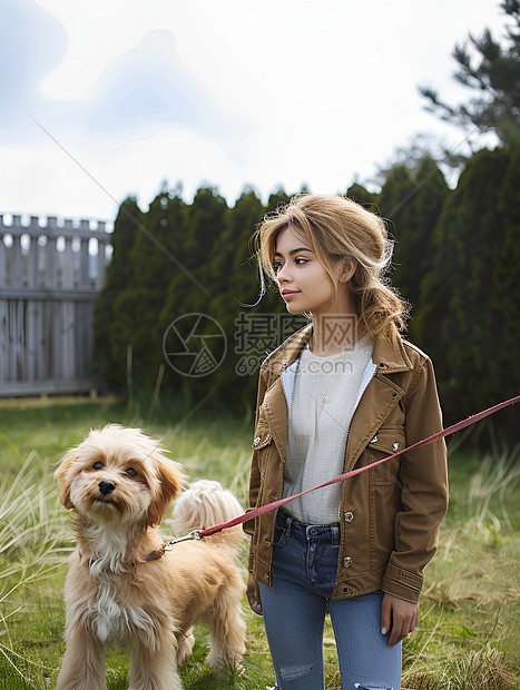 草地上遛狗的女孩图片