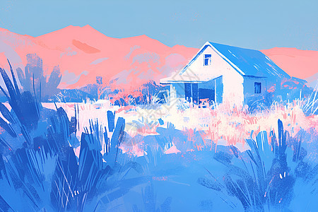 山脉上的湛蓝房屋图片