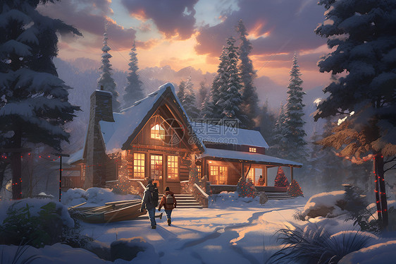 小屋在雪夜图片