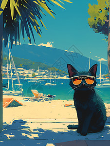 猫咪坐在海滩上图片