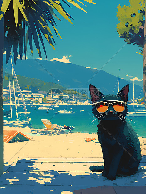 猫咪坐在海滩上图片