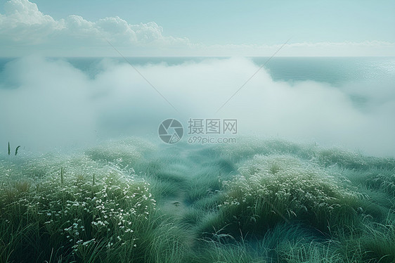 绿色草地上薄雾弥漫图片