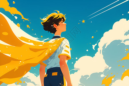 黄色斗篷少年在天空中站在云朵中头顶飘扬一只黄风筝图片