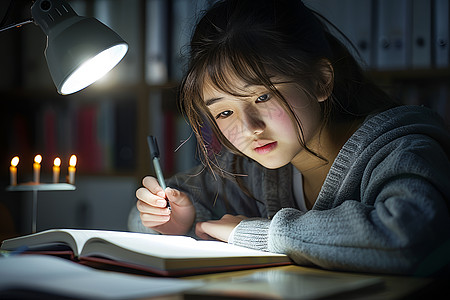 夜晚看书的学生图片