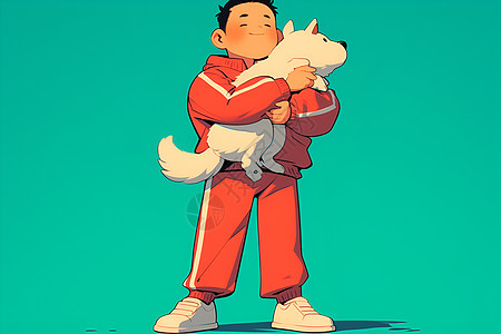 男孩和宠物狗的卡通插画图片