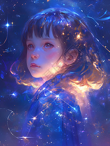 蓝发少女的星空梦幻图片