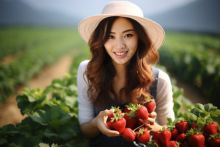 亚洲女农女孩摘草莓高清图片